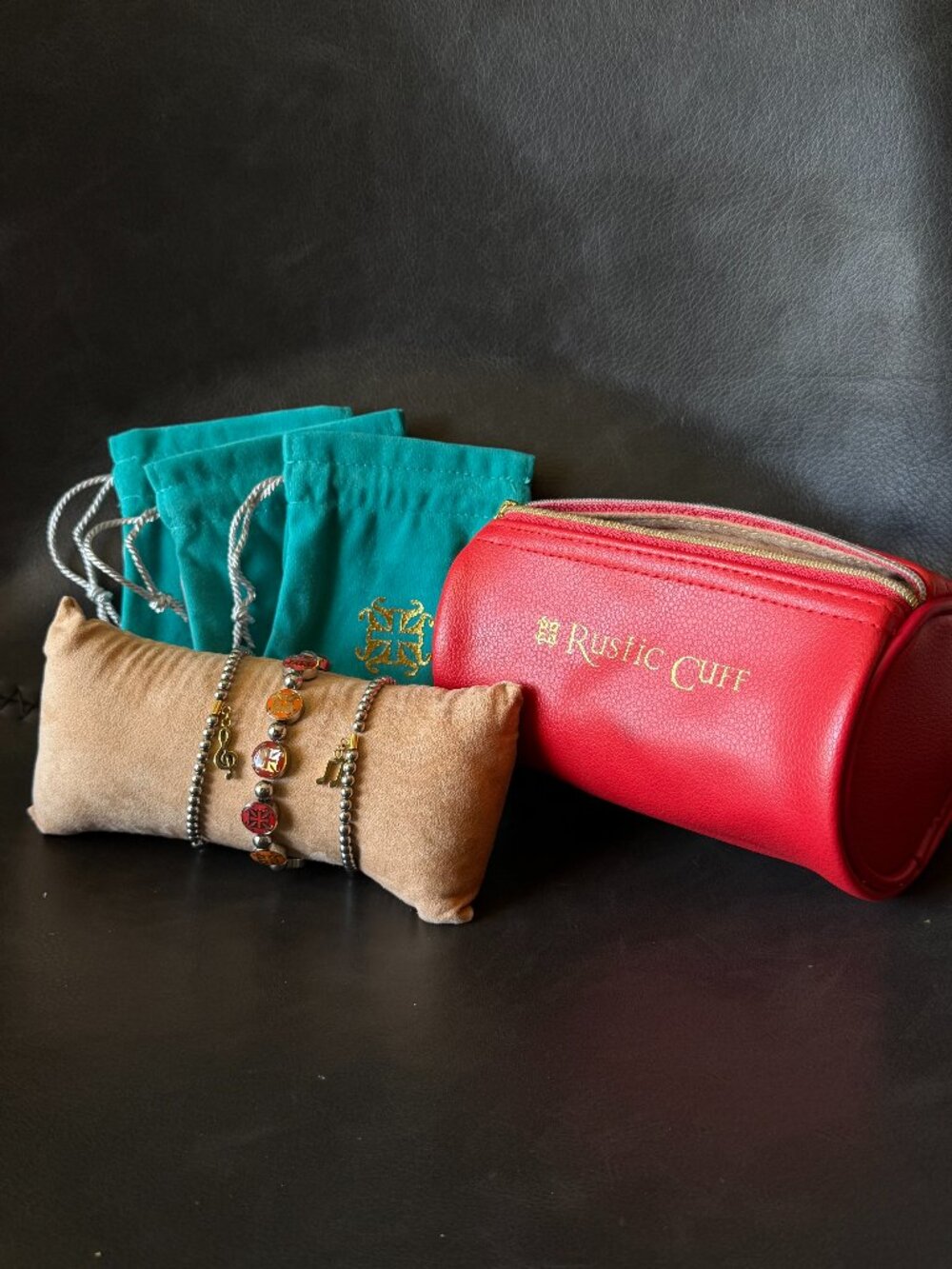 Two Silver Music Note and Gemstone Rustic Cuff Bracelets with Packaging and Bags